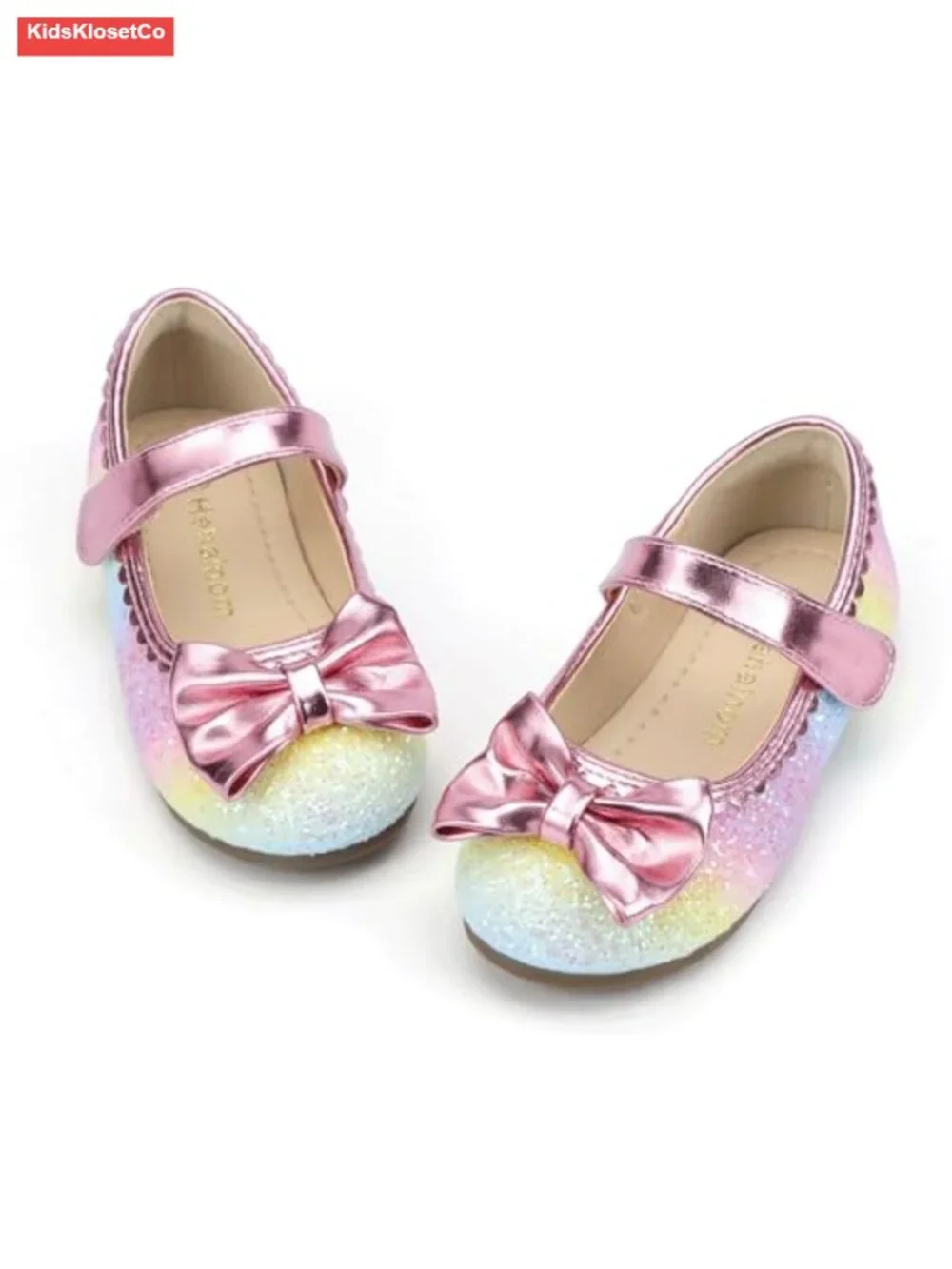 Toddler Girls Sparkle Bow Ballet Flats Hook and Loop Round Toe Dress Shoes